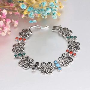 Flower Rhinestone Silver Tone Bracelet